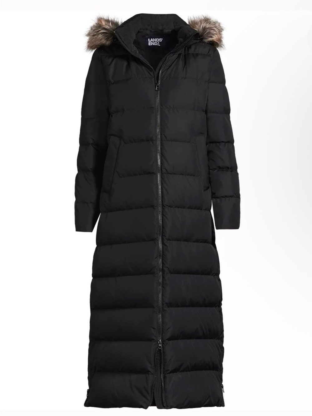 Lands' End Black Long Quilted Down Puffer with Faux Fur Hood - Picture 4 of 8